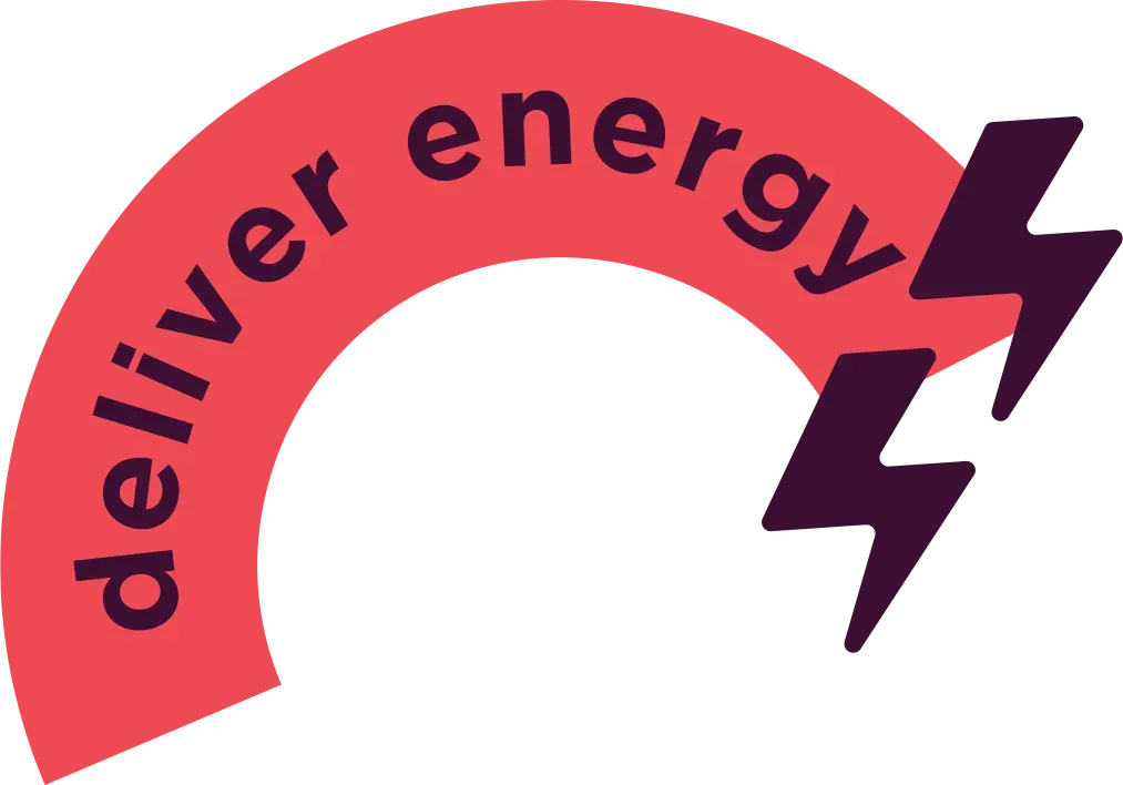A logo with a pink semi-circle that says "deliver energy" and has purple lightning bolts on its right side.