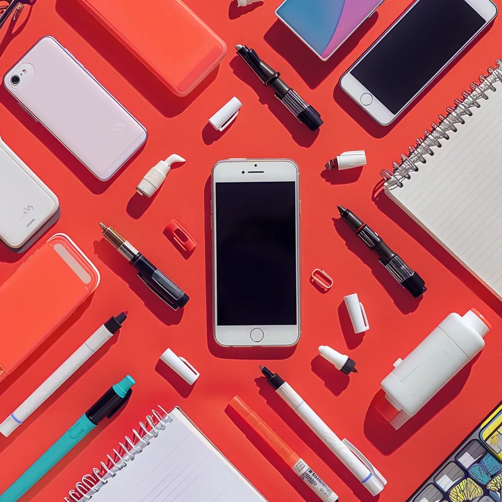 A flat lay of various office supplies and electronic devices on a red background, including smartphones, notebooks, markers, pens, glue, and an eraser.