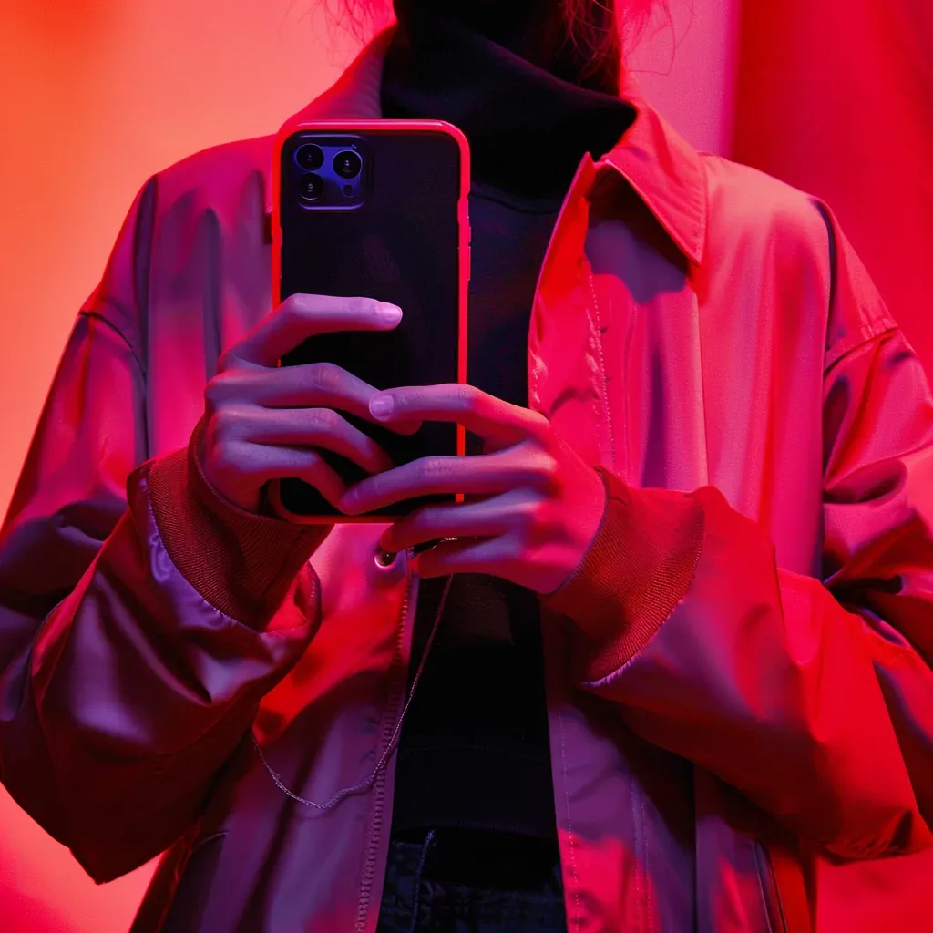 Person taking a selfie with a smartphone, wearing a red jacket and black turtleneck, against a pink and red background.