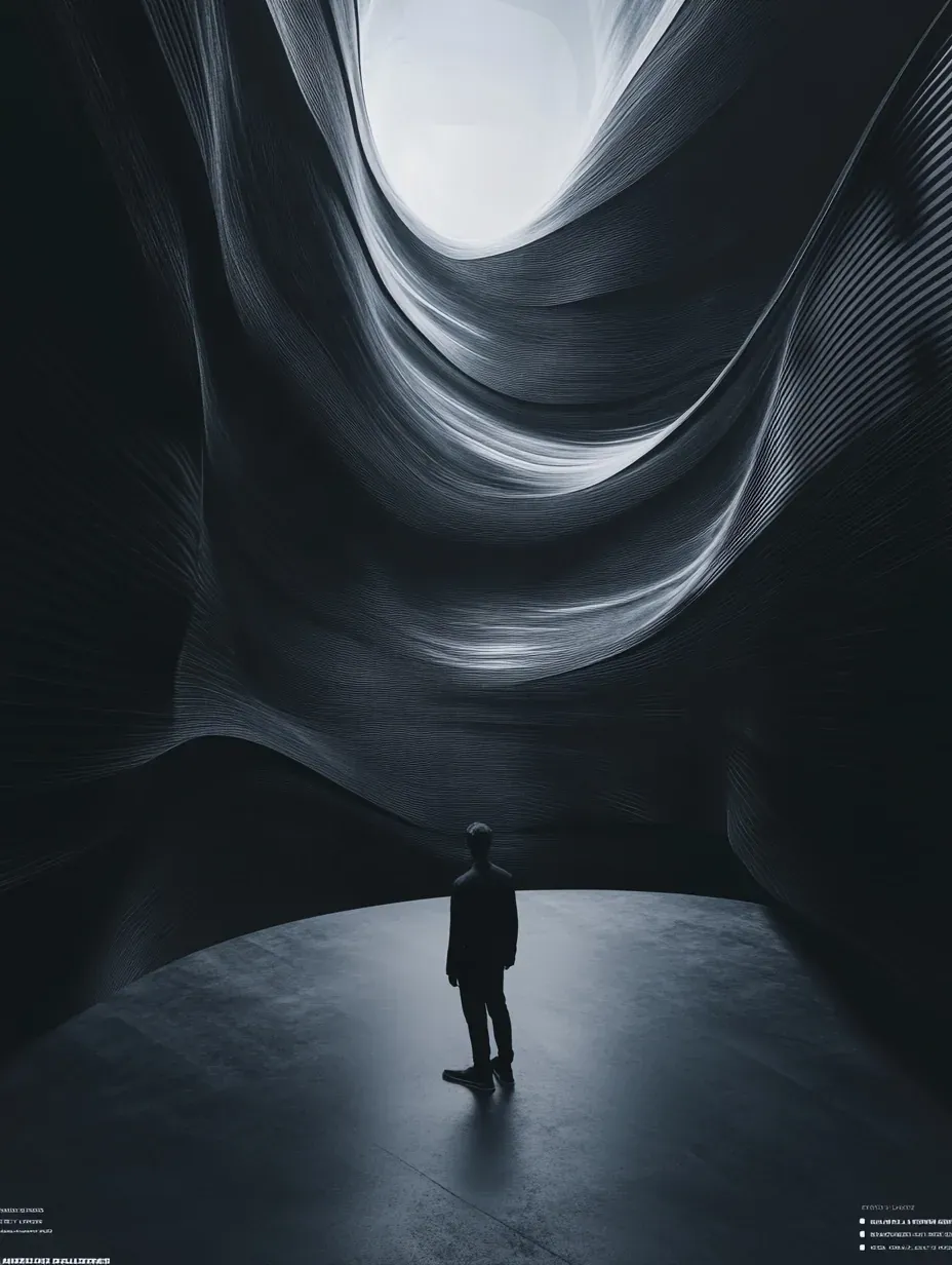 A person standing inside a dark, futuristic tunnel with swirling metallic textures, looking up towards a bright opening at the top.