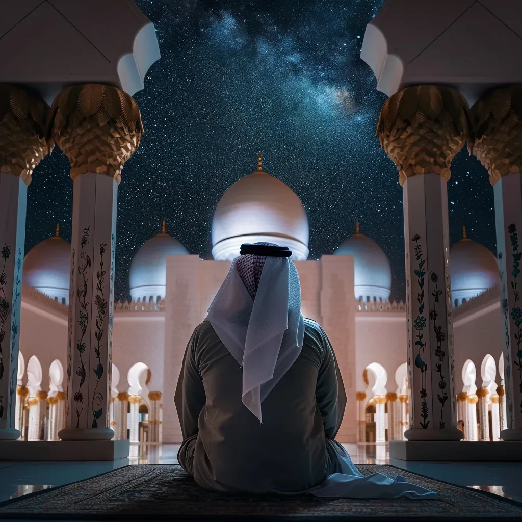 A man in traditional Middle Eastern attire kneels in prayer inside a mosque under a starry night sky.