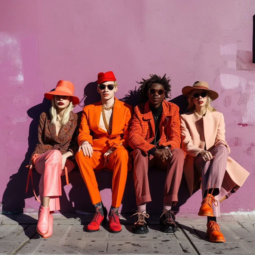 Four stylishly dressed women sitting against a pink wall, wearing colorful clothing and accessories, including hats and sunglasses.