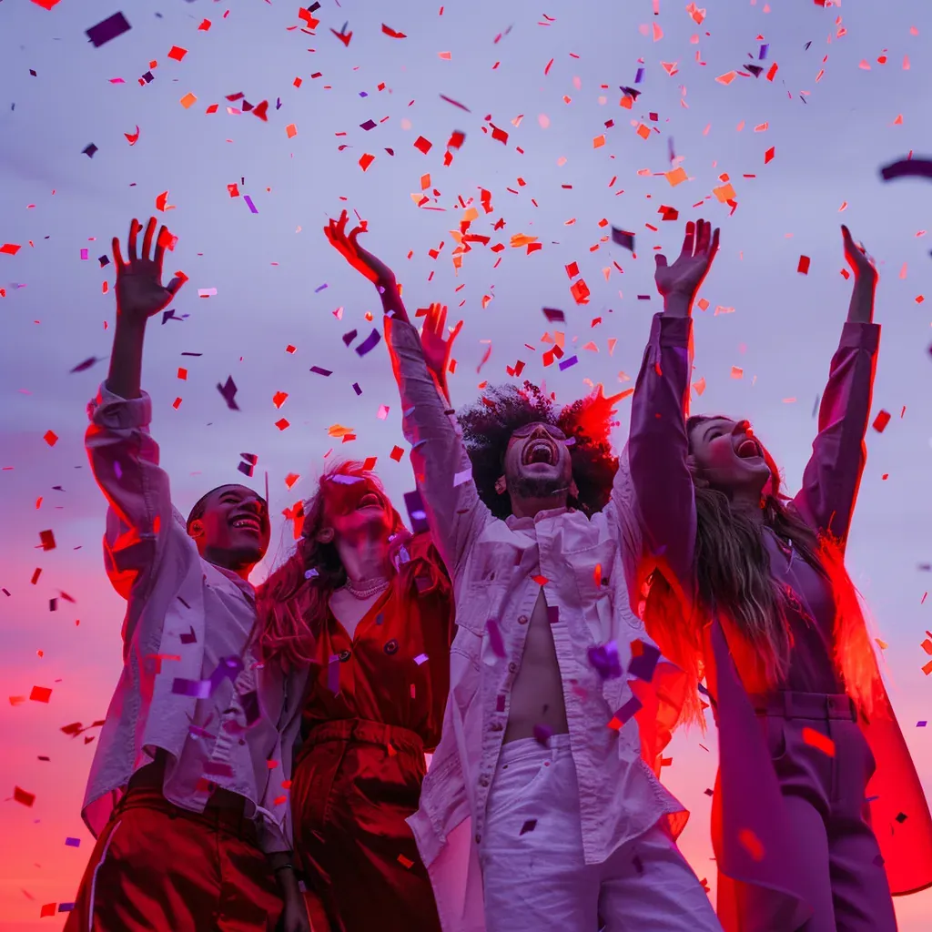 Group of four people celebrating with confetti in the air during sunset, with their arms raised and expressions of joy.