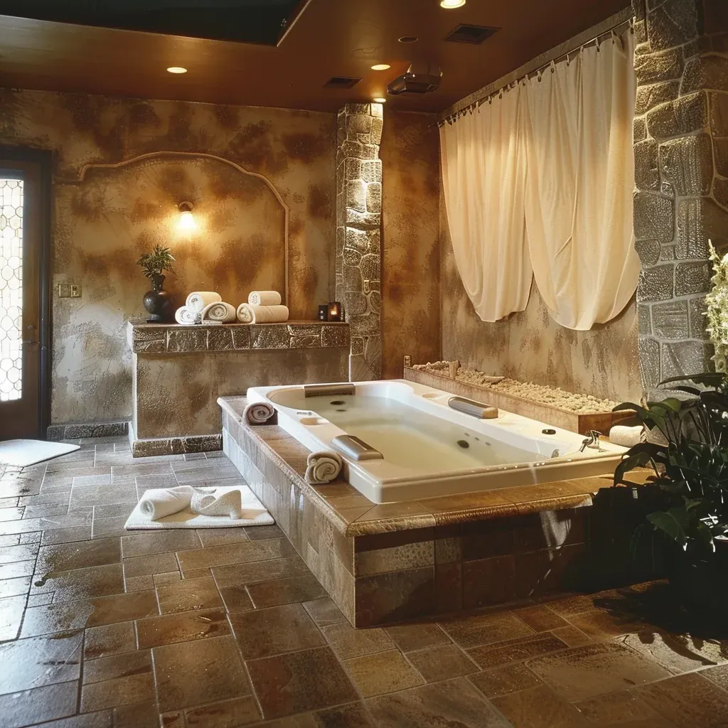 Lavender-tiled bathroom with a whirlpool bathtub, white curtains, and rolled white towels on a shelf and on the floor. There is a wall-mounted light, a potted plant, and natural light coming from a glass door.