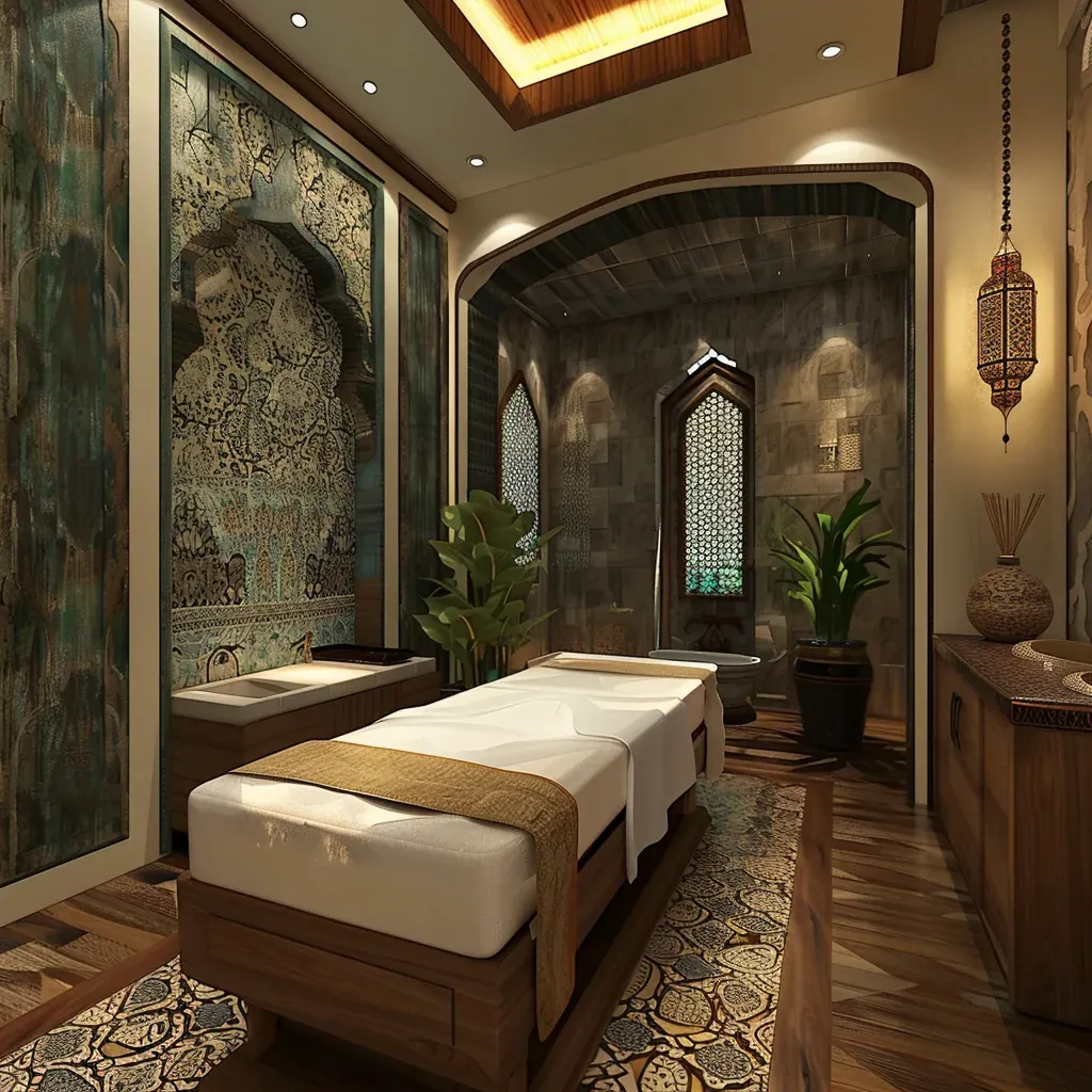 A luxurious massage room with a massage table, decorative wall art, potted plants, and soft lighting.